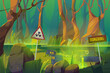 © klyaksun - Stench dirty swamp with wastewater pipe, toxic waste barrels and warning signs. Vector cartoon illustration of environment pollution, global ecology problem. Forest and marsh with garbage