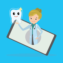 Wall Mural - health tooth and happy european female doctor,smatphone app or online consultation