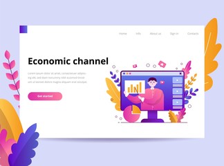  A young blogger analyzes the graph and records the video on the channel to the social network. Vector flat illustration, template for landing page