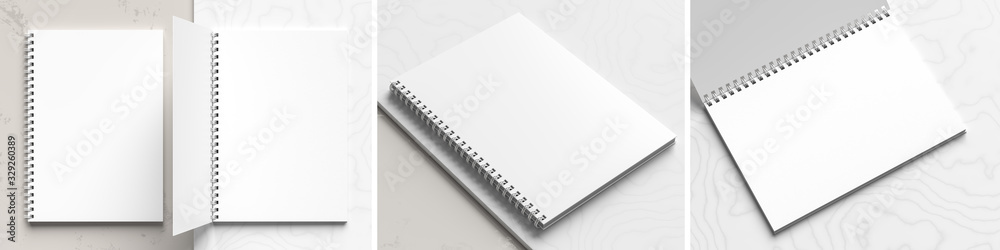A4 format spiral binding notebook mock up on white marble background. Realistic notebook mock up rendered with three different angles. 3D illustration. - obrazy, fototapety, plakaty 