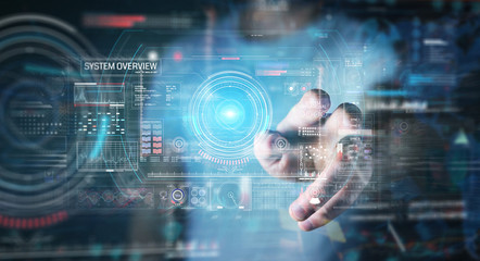 Aufkleber - Businessman using digital technological interface with datas 3D rendering