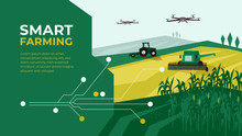 Smart Farm With Drone Control. Innovation Technology In Agriculture. Farming Illustration With Tractor, Corn Field. Template With Circuit Board For High Tech Agro Company. Design For Layout, Flyer, Ad