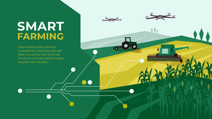 Smart farm with drone control. Innovation technology in agriculture. Farming illustration with tractor, corn field. Template with circuit board for high tech agro company. Design for layout, flyer, ad