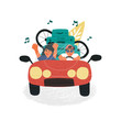 Fun hand drawn car travelling concept vector illustration. Cute couple, girl and driver in cap go to vacation on cabriolet car with a lot of luggage, bicycle and surf board.