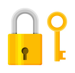 Poster - Metal padlock with key. Pad lock with keyring. Protection, security and defence. Vector illustration in flat style