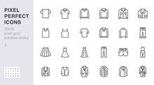 Clothing Line Icon Set. Dress, Polo T-shirt, Jeans, Winter Coat, Jacket Pants, Skirt Minimal Vector Illustrations. Simple Outline Signs For Fashion Application. 30x30 Pixel Perfect. Editable Strokes