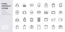 Bags Line Icon Set. Purse Types - Tote, Briefcase, Fanny Pack, Shopper, Luggage, Plastic Bag Minimal Vector Illustrations. Simple Outline Signs For Fashion App. 30x30 Pixel Perfect. Editable Stroke