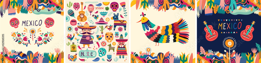 Beautiful vector illustrations with design for Mexican holiday 5 may Cinco De Mayo. Vector template with traditional Mexican symbols skull, Mexican guitar, flowers, red pepper. Mexico illustrations - obrazy, fototapety, plakaty 