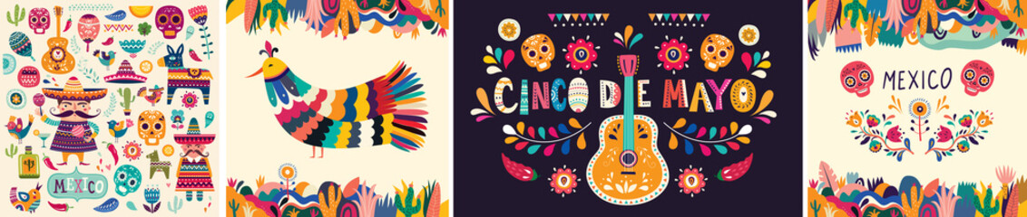 Wall Mural - Beautiful vector illustrations with design for Mexican holiday 5 may Cinco De Mayo. Vector template with traditional Mexican symbols skull, Mexican guitar, flowers, red pepper. Mexico illustrations
