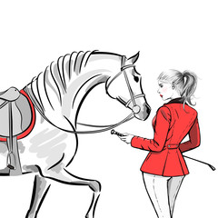 Beautiful fashion woman with english equestrian sport hunting style red jacket and horse with saddle. Rider girl and tree hand drawing. Vector art stylish lady model with whip and hair tail