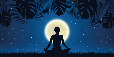 person in meditation pose at night background with full moon and palm tree leaves vector illustratio