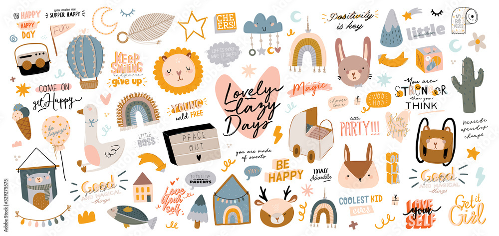 Cute kids scandinavian characters set including trendy quotes and cool animal decorative hand drawn elements. Cartoon doodle  illustration for baby shower, nursery room decor, children design. Vector. - obrazy, fototapety, plakaty 