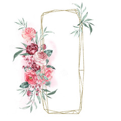 Wall Mural - Geometry frame decorated with garden flowers bouquet, peonies and roses. Feminine frame.