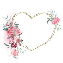 Gold Polygonal Heart Frame, Bright Bouquet, Watercolor Composition.