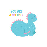Fototapeta Dinusie - Vector card with cute dinosaur and funny lettering on white background. Dragon illustration for kids