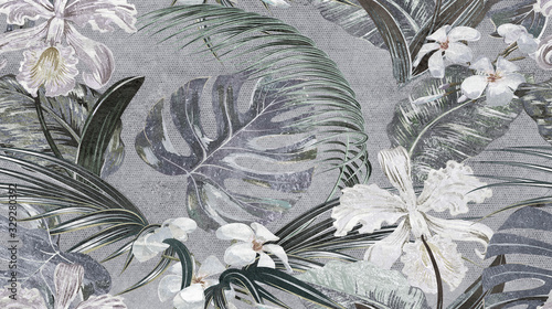 Naklejka dekoracyjna exotic flower and leaves seamless pattern background
