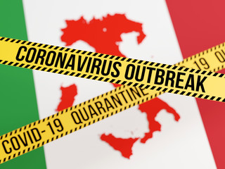 coronavirus outbreak, covid-19 quarantine, do not cross yellow ribbon over italy map - 3d render wit