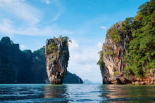 Travel By Thailand. Amazing Scenery Natural Landscape Of James Bond Island Phang-Nga Bay, Water Tours Of Phuket, Famous Landmark And Famous Travel Destination Of Asia, Summer Holiday Vacation Trip.