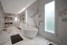 Luxury White Marble Bathroom With With A Luxury Freestanding Bathtub And Washbasins. Concept For Lifestyle And Luxury Living.