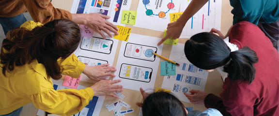 brainstorm planing creative asian teamwork, group of asia mobile phone app developer team meeting fo