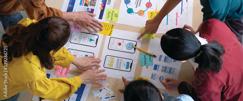 Fotomural Brainstorm planing creative asian teamwork, Group of asia mobile phone app deve