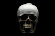 © raland - Human skull with dramatic lightning and bandages on the head is isolated on a black background.