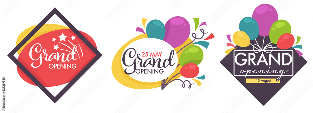 Grand opening isolated icons, balloons and confetti decor - obrazy, fototapety, plakaty 