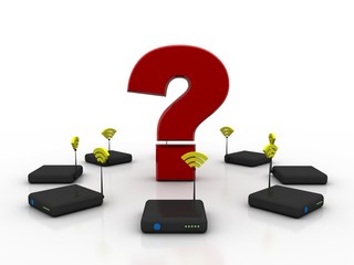 Poster - 3d rendering Transmitter WiFi with question mark