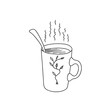 Hand drawn doodle vector illustration in sketchy style of steamy mug with hot coffee tea or cocoa. Line art creative drawing for cafe coffee shop menu