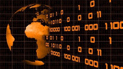 Poster - Binary concept background in orange colour - binary code flow away from earth globe - 3D illustration