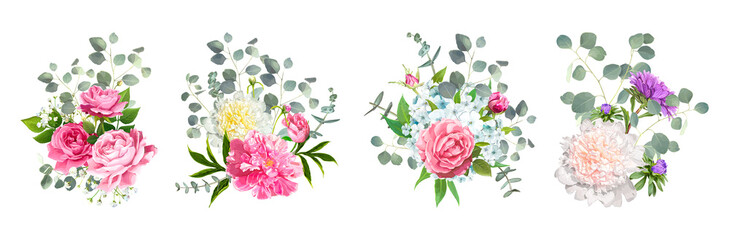 Wall Mural - Set of vector bouquets. Blooming flowers of pink Roses, Paeonies, light-blue Phloxes, violet Aster and tender Gypsophila among of Eucalyptus leaves isolated on a white background. Wedding Design