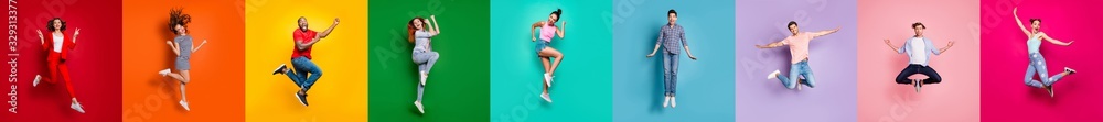 Collage of nine glad carefree attractive shiny modern multiethnic delight millennials person youngsters have diferent age good mood flying air isolated over rainbow background sale summer concept - obrazy, fototapety, plakaty 