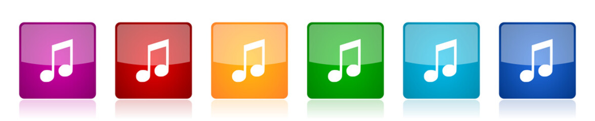Leinwandbilder - Music icon set, colorful square glossy vector illustrations in 6 options for web design and mobile applications