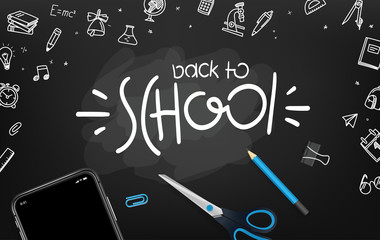 Poster - School chalkboard with different objects and lettering logo. Welcome back to school vector card