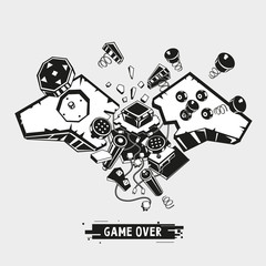 Wall Mural - Broken joystick. Gamepad parts. Video game poster. Game over t shirt print. Vector graphic illustration.