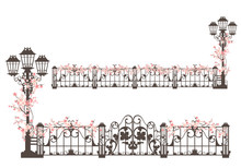 Elegant Streetlight And Wrought Iron Gate With Fence Decorated With Blooming Sakura Branches - Spring Season Editable Vector Border Design