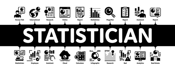 Wall Mural - Statistician Assistant Minimal Infographic Web Banner Vector. Statistician Research And Document File, Web Site On Computer Screen And Cloud Storage Illustrations