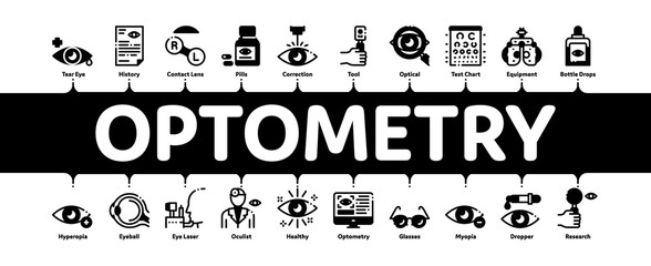 Poster - Optometry Medical Aid Minimal Infographic Web Banner Vector. Optometry Doctor Equipment And Pills Bottle, Eye Drops And Glasses, Research And Health Illustrations