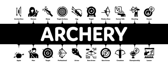 Sticker - Archery Activity Sport Minimal Infographic Web Banner Vector. Archery Target And Equipment, Crossbow And Bow, Arrow And Archer, Championship Cup Illustrations