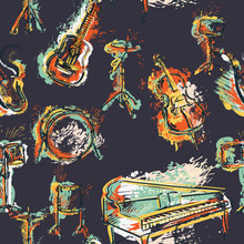 Seamless Pattern With Musical Instruments Set. Design Concept For Jazz Music Party. Piano, Saxophone, Guitar, Cello, Drum Kit In Grunge Watercolor Style. Vector Illustration