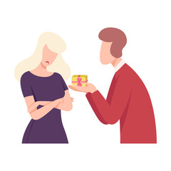 Sticker - Young Man Giving Gift to Upset Woman, People Trying to Save Love and Friendship Flat Vector Illustration