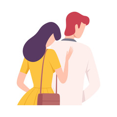 Sticker - Young Woman Hugging Upset Man, View from Behind, People Trying to Save Love and Friendship Flat Vector Illustration