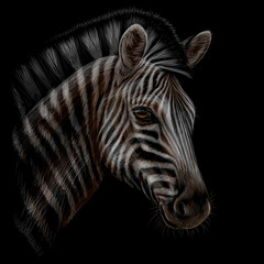 Wall Mural - zebra. color, realistic, hand-drawn portrait of a zebra head on a black background.