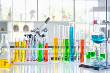 Poster - Various glass tubes and equipment used in scientific laboratories, on desks, in laboratories, try researching