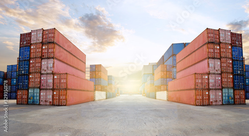 Fotografía Transportation Logistics of international container cargo shipping and cargo plane in container yard, Freight transportation, International global shipping