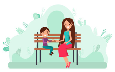 Mother with little daughter sitting on wooden bench in park. Young woman and child smiling and playing. Mum with kid spending time outdoors vector