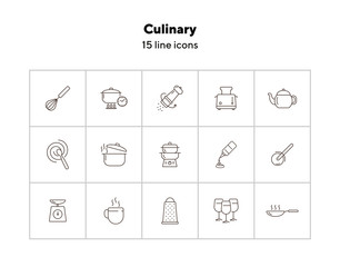 Poster - Culinary line icons. Set of line icons. Wine glasses, toaster, cooking pot. Cuisine concept. Vector illustration can be used for topics like restaurant business, cooking