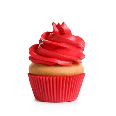 Delicious birthday cupcake with buttercream isolated on white