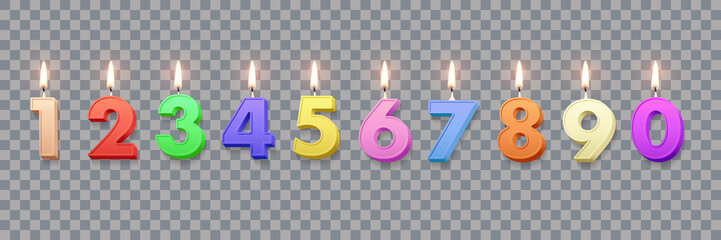 Wall Mural - Different color birthday candles with burning flames isolated on transparent background. Vector design elements.