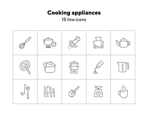 Poster - Cooking appliances icons. Set of line icons. Whisk, mixing spoon, toaster. Culinary concept. Vector illustration can be used for topics like restaurant business, cooking